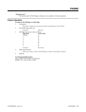 Page 200Tenant Service
The system sends All Call Paging to all page zones, regardless of tenant assignment.
Feature Operation
To make an All Call Page or a Zone Page:
1. Lift handset.
If you have a Page key, you can press the key and skip steps 2 and 3 below.
2. Press ICM (skip at ESL set).
Listen for: Dial tone
3. Dial Page Zone access code, as follows:
Page Zone Access Code
All Call 1*
12*
23*
34*
45*
56*
67*
78*
Listen for: Two beeps
4. Make announcement.
If the zone is busy. try later.  All Call Page...