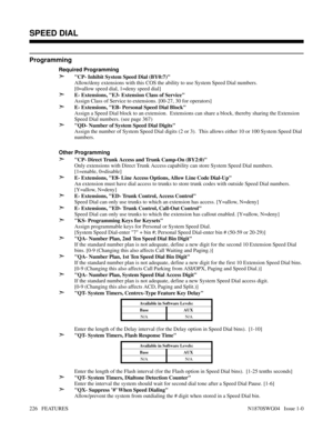 Page 237Programming
Required Programming
➣CP- Inhibit System Speed Dial (BY0:7)
Allow/deny extensions with this COS the ability to use System Speed Dial numbers.
[0=allow speed dial, 1=deny speed dial]
➣E- Extensions, E3- Extension Class of Service
Assign Class of Service to extensions. [00-27, 30 for operators]
➣E- Extensions, EB- Personal Speed Dial Block
Assign a Speed Dial block to an extension.  Extensions can share a block, thereby sharing the Extension
Speed Dial numbers. (see page 367)
➣QD- Number of...