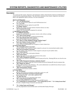 Page 254SYSTEM REPORTS, DIAGNOSTICS AND MAINTENANCE UTILITIES
Description
The system provides reports, diagnostics and maintenance utilities which help the technician troubleshoot the
system from the programming terminal.  The chart below summarizes these reports, diagnostics and utilities.
Refer to the appropriate option in Section 2 for more information.
Reports and Diagnostics 
•AL- List Toll Restriction
Lists the Toll Restriction options for each Toll Restriction level.
•CL- List COS
Lists the Class of...