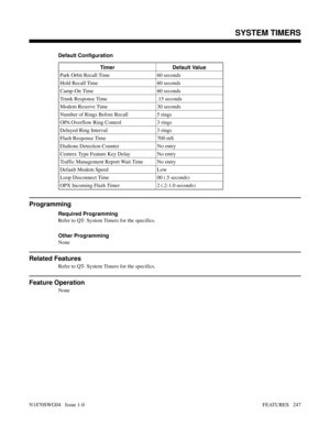 Page 258Default Configuration
Timer Default Value
Park Orbit Recall Time 60 seconds
Hold Recall Time  60 seconds
Camp-On Time  60 seconds
Trunk Response Time  .15 seconds
Modem Reserve Time  30 seconds
Number of Rings Before Recall 5 rings
OPA Overflow Ring Control 3 rings
Delayed Ring Interval 3 rings
Flash Response Time 700 mS
Dialtone Detection Counter No entry
Centrex Type Feature Key Delay No entry
Traffic Management Report Wait Time No entry
Default Modem Speed  Low
Loop Disconnect Time 00 (.5 seconds)
OPX...