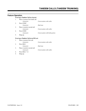 Page 260Feature Operation
To set up a Tandem Call at a keyset:
1. Place or answer first trunk call.
Listen for: Conversation with caller
2. Press CONF.
Listen for: Dial tone
3. Place or answer second call.
Listen for: Conversation with caller.
4. Press CONF.
Listen for: Conversation with both parties
5. Hang up.
To set up a Tandem Call at an ESL set:
1. Place or answer first call.
Listen for: Conversation with caller
2. Press HLD.
Listen for: Dial tone
3. Place or answer second call.
Listen for: Conversation...
