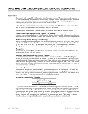 Page 277VOICE MAIL COMPATIBILITY (INTEGRATED VOICE MESSAGING)
Description
The system is fully compatible with Integrated Voice Messaging Systems.  These systems provide telephone us-
ers with comprehensive Voice Messaging and Automated Attendant features. Voice Messaging ends the frustra-
tion and cost of missed calls, inaccurate written messages and telephone tag.  Voice Messaging frees a
company’s busy receptionists and secretaries for more productive work.
Automated Attendant automatically answers the...