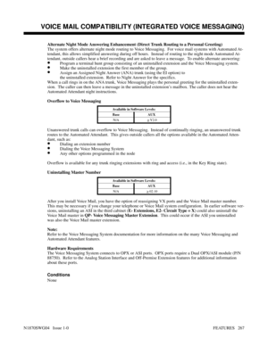 Page 278Alternate Night Mode Answering Enhancement (Direct Trunk Routing to a Personal Greeting)
The system offers alternate night mode routing to Voice Messaging.  For voice mail systems with Automated At-
tendant, this allows simplified answering during off hours.  Instead of routing to the night mode Automated At-
tendant, outside callers hear a brief recording and are asked to leave a message.  To enable alternate answering:
•Program a terminal hunt group consisting of an uninstalled extension and the Voice...