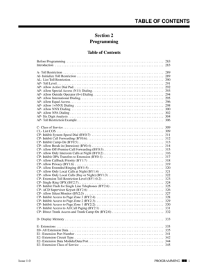 Page 294TABLE OF CONTENTS
Section 2
Programming
Table of Contents
Before Programming . . . . . . . . . . . . . . . . . . . . . . . . . . . . . . . . . . . . . . . . . . . . . . . . . . . . . . . . . .  283
Introduction . . . . . . . . . . . . . . . . . . . . . . . . . . . . . . . . . . . . . . . . . . . . . . . . . . . . . . . . . . . . . . . . .  283
A- Toll Restriction . . . . . . . . . . . . . . . . . . . . . . . . . . . . . . . . . . . . . . . . . . . . . . . . . . . . . . . . . . . .  289
AI- Initialize...