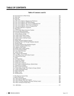 Page 295Table of Contents (cont’d)
E4- Next Extension in Hunt Group . . . . . . . . . . . . . . . . . . . . . . . . . . . . . . . . . . . . . . . . . . . . . . .  347
E5- Hunt Type . . . . . . . . . . . . . . . . . . . . . . . . . . . . . . . . . . . . . . . . . . . . . . . . . . . . . . . . . . . . . . . .  349
E6- Data Set . . . . . . . . . . . . . . . . . . . . . . . . . . . . . . . . . . . . . . . . . . . . . . . . . . . . . . . . . . . . . . . . .  357
E7- Page Zone . . . . . . . . . . . . . . . . . . . . ....