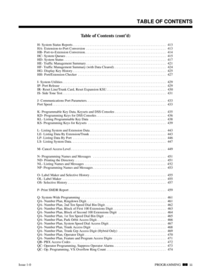 Page 296Table of Contents (cont’d)
H- System Status Reports . . . . . . . . . . . . . . . . . . . . . . . . . . . . . . . . . . . . . . . . . . . . . . . . . . . . . . .  413
HA- Extension-to-Port Conversion . . . . . . . . . . . . . . . . . . . . . . . . . . . . . . . . . . . . . . . . . . . . . . .  413
HB- Port-to-Extension Conversion. . . . . . . . . . . . . . . . . . . . . . . . . . . . . . . . . . . . . . . . . . . . . . . . 414
HC- System Queues . . . . . . . . . . . . . . . . . . . . . . . . . . . . . ....