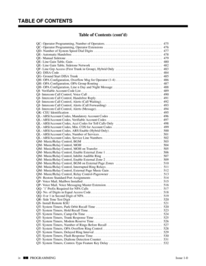 Page 297Table of Contents (cont’d)
QC- Operator Programming, Number of Operators. . . . . . . . . . . . . . . . . . . . . . . . . . . . . . . . . . .  475
QC- Operator Programming, Operator Extensions . . . . . . . . . . . . . . . . . . . . . . . . . . . . . . . . . . .  476
QD- Number of System Speed Dial Digits . . . . . . . . . . . . . . . . . . . . . . . . . . . . . . . . . . . . . . . . .  477
QE- Automatic Handsfree. . . . . . . . . . . . . . . . . . . . . . . . . . . . . . . . . . . . . . . . . . . . . ....