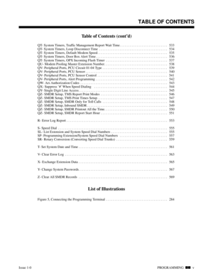 Page 298Table of Contents (cont’d)
QT- System Timers, Traffic Management Report Wait Time . . . . . . . . . . . . . . . . . . . . . . . . . . . .  533
QT- System Timers, Loop Disconnect Time . . . . . . . . . . . . . . . . . . . . . . . . . . . . . . . . . . . . . . . .  534
QT- System Timers, Default Modem Speed . . . . . . . . . . . . . . . . . . . . . . . . . . . . . . . . . . . . . . . . .  535
QT- System Timers, Door Box Alert Time . . . . . . . . . . . . . . . . . . . . . . . . . . . . . . . . . . . . . ....