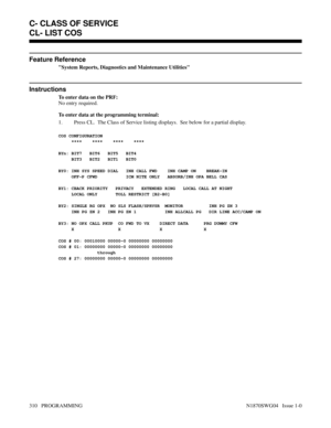 Page 327Feature Reference
System Reports, Diagnostics and Maintenance Utilities
Instructions
To enter data on the PRF:
No entry required.
To enter data at the programming terminal:
1. Press CL.  The Class of Service listing displays.  See below for a partial display.
COS CONFIGURATION
     ****    ****    ****    ****
BYn: BIT7   BIT6   BIT5   BIT4
     BIT3   BIT2   BIT1   BIT0
BY0: INH SYS SPEED DIAL   INH CALL FWD    INH CAMP ON    BREAK-IN
     OFF-P CFWD           ICM NITE ONLY   ABSORB/INH OPA BELL CAS...