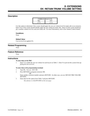 Page 400EK- RETAIN TRUNK VOLUME SETTING 
Description
Available in Software Levels:
Base AUX 
> Y5.0> 
Y2.0
Use this option to determine if the system should apply the user-set volume level for trunk calls at an extension.
Enter Y(es) if the system should initially apply the user setting for trunk calls.  Enter N if the system should ap-
ply a median volume level for each new trunk call.  For more information, refer to the Volume Control feature.
Conditions
None
Default Value
User-set level not applied (N)....