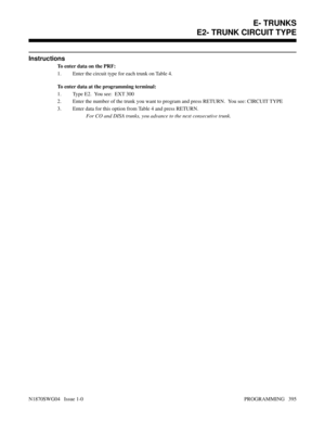 Page 412Instructions
To enter data on the PRF:
1. Enter the circuit type for each trunk on Table 4.
To enter data at the programming terminal:
1. Type E2.  You see:  EXT 300
2. Enter the number of the trunk you want to program and press RETURN.  You see: CIRCUIT TYPE
3. Enter data for this option from Table 4 and press RETURN.
For CO and DISA trunks, you advance to the next consecutive trunk.
E- TRUNKS
E2- TRUNK CIRCUIT TYPE
N1870SWG04   Issue 1-0 PROGRAMMING   395 