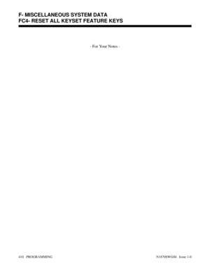 Page 427- For Your Notes -
F- MISCELLANEOUS SYSTEM DATA
FC4- RESET ALL KEYSET FEATURE KEYS
410   PROGRAMMING N1870SWG04   Issue 1-0 