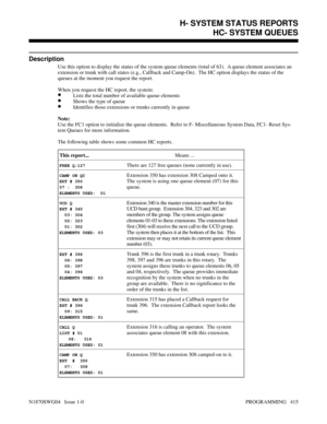 Page 432HC- SYSTEM QUEUES
Description
Use this option to display the status of the system queue elements (total of 63).  A queue element associates an
extension or trunk with call states (e.g., Callback and Camp-On).  The HC option displays the status of the
queues at the moment you request the report.
When you request the HC report, the system:
•Lists the total number of available queue elements
•Shows the type of queue
•Identifies those extensions or trunks currently in queue
Note:
Use the FC1 option to...