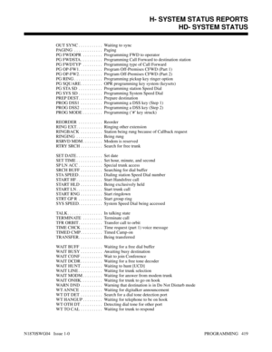 Page 436OUT SYNC . . . . . . . . . . .  Waiting to sync
PAGING . . . . . . . . . . . . .  Paging
PG FWDOPR . . . . . . . . .  Programming FWD to operator
PG FWDSTA . . . . . . . . . .  Programming Call Forward to destination station
PG FWDTYP . . . . . . . . .  Programming type of Call Forward
PG OP-FW1. . . . . . . . . . .  Program Off-Premises CFWD (Part 1)
PG OP-FW2. . . . . . . . . . .  Program Off-Premises CFWD (Part 2)
PG RING . . . . . . . . . . . . .  Programming pickup key ringer option
PG SQUARE . . ....