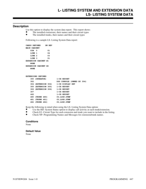 Page 464LS- LISTING SYSTEM DATA
Description
Use this option to display the system data report.  This report shows
•The installed extensions, their names and their circuit types
•The installed trunks, their names and their circuit types
Following is a sample LS- Listing System Data report:
CARDS DEFINED    SW REV
MAIN CABINET
    SIM  0         01
    LINE 1         04
    LINE 2         03
    LINE 3         01
EXPANSION CABINET #1
    NONE
EXPANSION CABINET #2
    NONE
EXTENSIONS DEFINED
    300 (OPERATOR)...