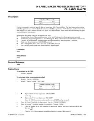 Page 472O- LABEL MAKER AND SELECTIVE HISTORYOL- LABEL MAKER
Description
Available in Software Levels:
Base AUX 
> Y5.0> Y2.0
Use this command to print site-specific data on keyset and DSS Console labels.  The label maker prints out the
KSKD assignments and (optionally) Hotline names and DSS assignments.  For best results, use the tractor feed
label inserts (P/N 88657) for keysets and P/N 88557 for DSS Consoles. These inserts are conveniently set up to
work with tractor feed printers.
Before using this option,...