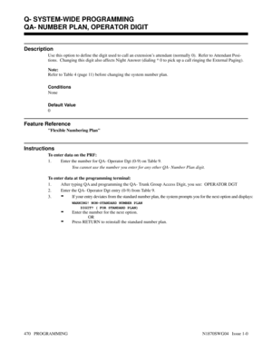 Page 487QA- NUMBER PLAN, OPERATOR DIGIT
Description
Use this option to define the digit used to call an extension’s attendant (normally 0).  Refer to Attendant Posi-
tions.  Changing this digit also affects Night Answer (dialing * 0 to pick up a call ringing the External Paging).
Note:
Refer to Table 4 (page 11) before changing the system number plan.
Conditions 
None
Default Value
0
Feature Reference
Flexible Numbering Plan
Instructions
To enter data on the PRF:
1. Enter the number for QA- Operator Dgt (0-9) on...