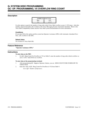 Page 491QC- OP. PROGRAMMING, VX OVERFLOW RING COUNT
Description
Available in Software Levels:
Base AUX 
N/A
> Y2.0
Use this option to specify the number of rings after which Voice Mail overflow occurs (1-255 rings).  After this
number, unanswered trunk calls overflow to the Voice Messaging System Automated Attendant.  Refer to the
Voice Mail Compatibility feature and the Voice Mail system documentation for more information.
Conditions
If you enter 00 for this option and the system has Operator Assistance (OPA)...