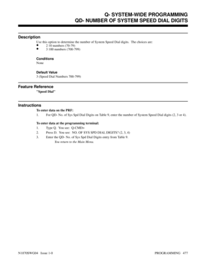 Page 494QD- NUMBER OF SYSTEM SPEED DIAL DIGITS
Description
Use this option to determine the number of System Speed Dial digits.  The choices are:
•2 10 numbers (70-79)
•3 100 numbers (700-799)
Conditions 
None
Default Value
3 (Speed Dial Numbers 700-799)
Feature Reference
Speed Dial
Instructions
To enter data on the PRF:
1. For QD- No. of Sys Spd Dial Digits on Table 9, enter the number of System Speed Dial digits (2, 3 or 4).
To enter data at the programming terminal:
1. Type Q.  You see:  Q-CMD>
2. Press D....