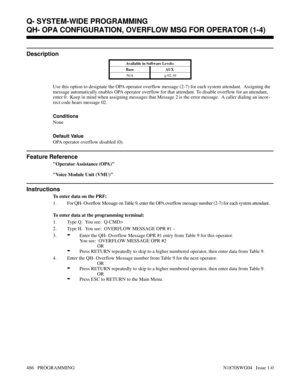 Page 503QH- OPA CONFIGURATION, OVERFLOW MSG FOR OPERATOR (1-4)
Description
Available in Software Levels:
Base AUX 
N/A
> 02.10
Use this option to designate the OPA operator overflow message (2-7) for each system attendant.  Assigning the
message automatically enables OPA operator overflow for that attendant. To disable overflow for an attendant,
enter 0.  Keep in mind when assigning messages that Message 2 is the error message.  A caller dialing an incor-
rect code hears message 02.
Conditions 
None
Default...