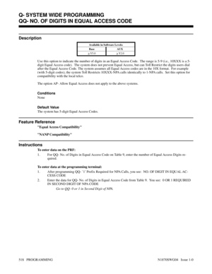 Page 535QQ- NO. OF DIGITS IN EQUAL ACCESS CODE
Description
Available in Software Levels:
Base AUX 
> Y5.0> Y2.0
Use this option to indicate the number of digits in an Equal Access Code.  The range is 5-9 (i.e., 10XXX is a 5-
digit Equal Access code).  The system does not prevent Equal Access, but can Toll Restrict the digits users dial
after the Equal Access Code. The system assumes all Equal Access codes are in the 10X format.  For example
(with 5-digit codes), the system Toll Restricts 10XXX-NPA calls...