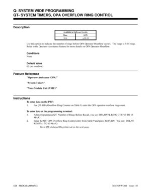 Page 545QT- SYSTEM TIMERS, OPA OVERFLOW RING CONTROL
Description
Available in Software Levels:
Base AUX 
N/A
> 02.10
Use this option to indicate the number of rings before OPA Operator Overflow occurs.  The range is 3-15 rings.
Refer to the Operator Assistance feature for more details on OPA Operator Overflow.
Conditions 
None
Default Value
00 (no overflow)
Feature Reference
Operator Assistance (OPA)
System Timers
Voice Module Unit (VMU)
Instructions
To enter data on the PRF:
1. For QT- OPA Overflow Ring Counter...
