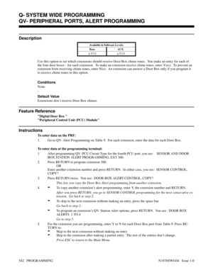 Page 559QV- PERIPHERAL PORTS, ALERT PROGRAMMING
Description
Available in Software Levels:
Base AUX 
> Y5.0> Y2.0
Use this option to set which extensions should receive Door Box chime tones.  You make an entry for each of
the four door boxes - for each extension.  To make an extension receive chime tones, enter Y(es).  To prevent an
extension from receiving chime tones, enter N(o).  An extension can answer a Door Box only if you program it
to receive chime tones in this option.
Conditions 
None
Default Value...