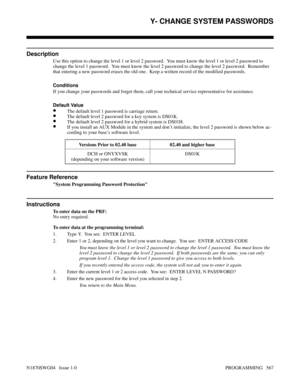 Page 584Y- CHANGE SYSTEM PASSWORDS
Description
Use this option to change the level 1 or level 2 password.  You must know the level 1 or level 2 password to
change the level 1 password.  You must know the level 2 password to change the level 2 password.  Remember
that entering a new password erases the old one.  Keep a written record of the modified passwords.
Conditions 
If you change your passwords and forget them, call your technical service representative for assistance.
Default Value
•The default level 1...