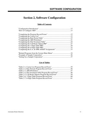 Page 602SOFTWARE CONFIGURATION
Section 2, Software Configuration
Table of Contents
Configuration Introduction .........................................................................13
How to Configure ARS ...............................................................................13
Completing the Program Record Forms .....................................................15
Completing the Carrier List .......................................................................15
Completing the Rate Period Table...