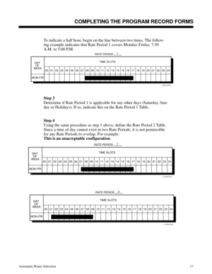 Page 608To indicate a half hour, begin on the line between two times. The follow-
ing example indicates that Rate Period 1 covers Monday-Friday, 7:30
A.M. to 5:00 P.M. 
Step 3
Determine if Rate Period 1 is applicable for any other days (Saturday, Sun-
day or Holidays). If so, indicate this on the Rate Period 1 Table.
Step 4
Using the same procedure as step 1 above, define the Rate Period 2 Table.
Since a time of day cannot exist in two Rate Periods, it is not permissible
for any Rate Periods to overlap. For...