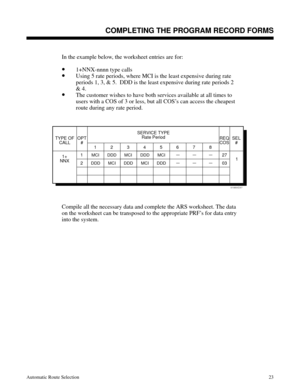 Page 614In the example below, the worksheet entries are for:
•1+NNX-nnnn type calls 
•Using 5 rate periods, where MCI is the least expensive during rate
periods 1, 3, & 5.  DDD is the least expensive during rate periods 2
& 4.
•The customer wishes to have both services available at all times to
users with a COS of 3 or less, but all COS’s can access the cheapest
route during any rate period. 
 
Compile all the necessary data and complete the ARS worksheet. The data
on the worksheet can be transposed to the...