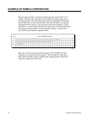 Page 635The next type of calls to consider are those placed to Area Code 312 ex-
change 355. Since the extension user will dial this call the same way as
any long distance call, each route option must be considered. The first op-
tion for this type of call is the FX route. Since the FX line(s) are directly
terminated to the system, a call to this area code and exchange is a local
call. Hence, we need a dial treatment (03) that will convert the dialed num-
ber into a local type number.  It must strip the leading...