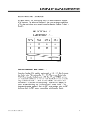 Page 638Selection Number 02 - Rate Period 4
For Rate Period 4, the MCI dial-up service is more economical than the
WATS service. For Selection Number 02, the route preference and Class
of Service restrictions are reversed from what they are for Rate Periods 1,
2 and 3.
 
Selection Number 03, Rate Periods 1 - 3
Selection Number 03 is used for routing calls to 312 - 355. The first rout-
ing choice is the FX terminated at 312 - 355. The second choice is the
WATS 5 service; the third choice is MCI. The FX and WATS 5...