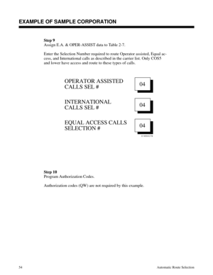 Page 645Step 9
Assign E.A. & OPER-ASSIST data to Table 2-7.
Enter the Selection Number required to route Operator assisted, Equal ac-
cess, and International calls as described in the carrier list. Only COS5
and lower have access and route to these types of calls.
 
Step 10
Program Authorization Codes.
Authorization codes (QW) are not required by this example.
01850C78
OPERATOR ASSISTED
CALLS SEL #
INTERNATIONAL
CALLS SEL #
EQUAL ACCESS CALLS
SELECTION #04
04
04
Description
EXAMPLE OF SAMPLE CORPORATION...