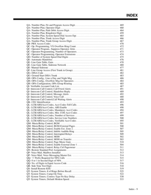 Page 700QA- Number Plan, Ftr and Program Access Digit . . . . . . . . . . . . . . . . . . . . . . . . . . . . . . . . . . . .  469
QA- Number Plan, Operator Digit . . . . . . . . . . . . . . . . . . . . . . . . . . . . . . . . . . . . . . . . . . . . . . . . 468
QA- Number Plan, Park Orbit Access Digit . . . . . . . . . . . . . . . . . . . . . . . . . . . . . . . . . . . . . . . . .  464
QA- Number Plan, Ringdown Digit . . . . . . . . . . . . . . . . . . . . . . . . . . . . . . . . . . . . . . . . . . . . . . ....