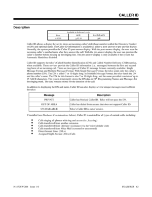 Page 74CALLER ID
Description
Available in Software Levels:
BaseAUX SAUX/XAUX
> 02.00
> 02.10>08
Caller ID allows a display keyset to show an incoming caller’s telephone number (called the Directory Number
or DN) and optional name. The Caller ID information is available as either a post-answer or pre-answer display.
Normally, the system provides the Caller ID post-answer display. With the post-answer display, the user sees the
incoming caller’s number/name after they answer the call. With the pre-answer display,...