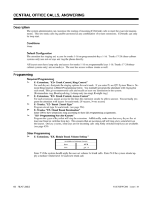 Page 77CENTRAL OFFICE CALLS, ANSWERING
Description
The system administrator can customize the routing of incoming CO (trunk) calls to meet the exact site require-
ments.  This lets trunk calls ring and be answered at any combination of system extensions.  CO trunks can only
be loop start.
Conditions 
None
Default Configuration
The attendant has ringing and access for trunks 1-16 on programmable keys 1-16.  Trunks 17-24 (three-cabinet
systems only) are not on keys and ring the phone directly.
All keyset users...