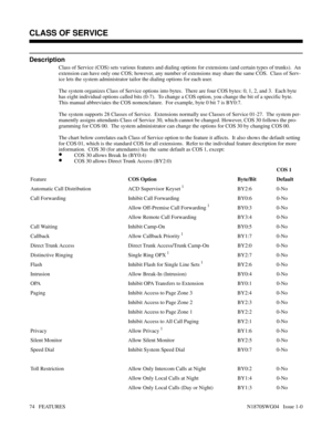 Page 85CLASS OF SERVICE
Description
Class of Service (COS) sets various features and dialing options for extensions (and certain types of trunks).  An
extension can have only one COS; however, any number of extensions may share the same COS.  Class of Serv-
ice lets the system administrator tailor the dialing options for each user.
The system organizes Class of Service options into bytes.  There are four COS bytes: 0, 1, 2, and 3.  Each byte
has eight individual options called bits (0-7).  To change a COS...