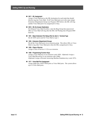 Page 17 
     Getting NVM-2 Up and Running 
  Issue 1-0 Getting NVM-2 Up and Running  u
u  13  
  
„0917 – DIL Assignment
 Assign a Voice Mail port as the DIL destination for each trunk that should
directly ring into Voice Mail.  If all Voice Mail ports are in the same unique
Extension (Department) Group (see Program 1003 below), the DIL will ring
another Voice Mail port if its assigned port is busy.
 
„
0919 – DIL No Answer Destination
 For Delayed Voice Mail Overflow, enter the Ring Group that unanswered
DILs...