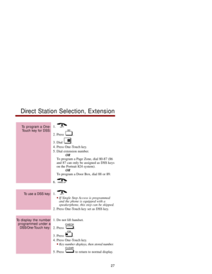 Page 341. 
2. Press  . 
3. Dial  . 
4. Press One-Touch key. 
5. Dial extension number.
OR
To program a Page Zone, dial 80-87 (86
and 87 can only be assigned as DSS keys
on the Portrait 824 system).
OR
To program a Door Box, dial 88 or 89. 
6. 
1. 
If Single Step Access is programmed
and the phone is equipped with a
speakerphone, this step can be skipped.
2. Press One-Touch key set as DSS key. 
1. Do not lift handset. 
2. Press  .
3. Press  .
4. Press One-Touch key. 
Key number displays, then stored number.
5....