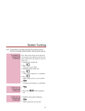 Page 84Note:  Central Office Loop Supervision must be provided to prevent
lines from remaining conferenced/busy when the parties hang up.
Note: When both outside parties finish the
call, unsupervised conference must be man-
ually terminated by the telephone which set
up the call. 
1. Establish first outside call. 
2. Press  .
The call is put on Hold. 
3. Establish second outside call. 
4. Press  .
Three-party Conference is established. 
5. Press  .
Both outside parties are put on Hold. 
6. 
Unsupervised...