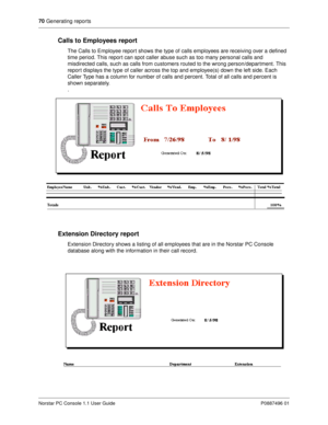 Page 7670
 Generating reports
Norstar PC Console 1.1 User Guide P0887496 01
Calls to Employees report
The Calls to Employee report shows the type of calls employees are receiving over a defined 
time period. This repor t can spot caller abuse such as too many personal calls and 
misdirected calls, such as calls from customers routed to the wrong person/department. This 
repor t displays the type of caller across the top and employee(s) down the left side. Each 
Caller Type has a column for number of calls and...