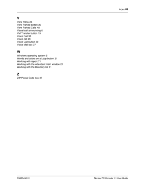 Page 95Index 89
P0887496 01 Norstar PC Console 1.1 User Guide
V
View menu25
View Parked button
30
View Parked Calls
48
Visual call announcing
6
VM Transfer button
19
Voice Call
30
Voice call
28
Voice Call button
50
Voice Mail box
37
W
Windows operating system5
Words and colors on a Loop button
31
Working with report
71
Working with the Attendant main window
21
Working with the Directory list
61
Z
ZIP/Postal Code box37 