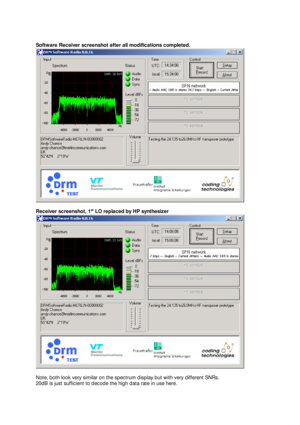 Page 5 
Software Receiver screenshot after all modifications completed.  
 
Receiver screenshot, 1st
 LO replaced by HP synthesizer  
 
Note, both look very similar on the spectrum display but with very different SNRs. 
20dB is just sufficient to decode the high data rate in use here.  