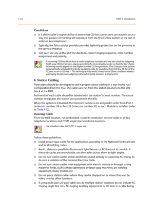 Page 1053-24DHS-E Installation
Conditions
†It is the installer’s responsibility to assure that CO line connections are made in such a 
way that proper CO Hunting will sequence from the first CO line button to the last, in 
order on key telephones.
†Typically, the Telco service provider provides lightning protection on the premises at 
the service entrance.
†Test each CO Line at the MDF for dial tone, correct ringing sequence, Telco number 
assignment and polarity.
6. Station Cabling
Floor plans should be...