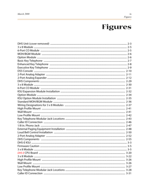 Page 12March 2000ix
Figures
Figures
DHS Unit (cover removed)  ............................................................................................................................... 2-3
3 x 8 Module  .......................................................................................................................................................... 2-5
6-Port CO Module...