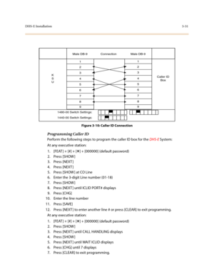 Page 112DHS-E Installation3-31
Figure 3-10: Caller ID Connection
Programming Caller ID
Perform the following steps to program the caller ID box for the DHS-E System:
At any executive station:
1. [FEAT ] + [#] + [
*] + [000000] (default password)
2. Press [SHOW ]
3. Press [NEXT ]
4. Press [NEXT ]
5. Press [SHOW ] at CO Line
6. Enter the 3-digit Line number (01-18)
7. Press [SHOW ]
8. Press [NEXT ] until ICLID PORT# displays
9. Press [CHG]
10. Enter the line number
11. Press [SAVE]
12. Press [NEXT ] to enter...