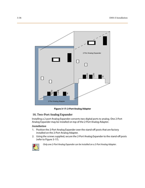 Page 1173-36DHS-E Installation
Figure 3-17: 2-Port Analog Adapter
 16. Two-Port Analog Expander
Installing a 2-port Analog Expander converts two digital ports to analog. One 2-Port 
Analog Expander may be installed on top of the 2-Port Analog Adapter.
Installation
1. Position the 2-Port Analog Expander over the stand-off posts that are factory 
installed on the 2-Port Analog Adapter.
2. Using the screws supplied, secure the 2-Port Analog Expander to the stand-off posts 
(refer to Figure 3-17).
Only one 2-Port...