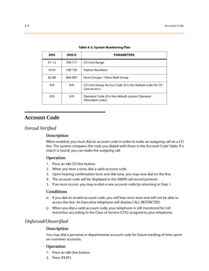 Page 1294-8Account Code
Account Code
Forced Verified
Description
When enabled, you must dial an account code in order to make an outgoing call on a CO 
line. The system compares the code you dialed with those in the Account Code Table. If a 
match is found, you can make the outgoing call.
Operation
1. Press an idle CO line button.
2. When you hear a tone, dial a valid account code. 
3. Upon hearing confirmation tone and dial tone, you may now dial on the line.
4. The account code will be displayed in the SMDR...