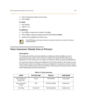 Page 218Voice Announce (Hands-Free or Privacy) 4-97
3. Enter the desired number to be stored.
4. Press [SAVE].
To Dial:
1. Press [FEAT ].
2. Dial [5] + [✳].
Conditions
†The USNR is a maximum of sixteen (16) digits.
†If the USNR is empty, the display will show NO SAVED NUMBER.
†Station COS is applied a the time of use. 
Voice Announce (Hands-Free or Privacy)
Description
The Enhanced and Executive key telephone models provide the ability to receive 
incoming intercom calls in Voice Announce Hands-Free mode...